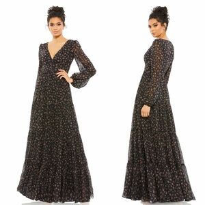 IEENA Mac Duggal Floral Tiered Long Sleeve Maxi Gown Dress Black Floral Size 8
